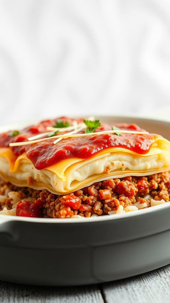 Cabbage Roll Inspired Beef Casserole with layers of noodles, ground beef, and tomato sauce