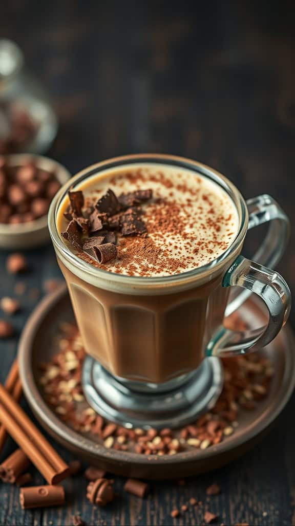 A Cacao Chai Latte topped with chocolate shavings and cinnamon in a clear glass on a dark wooden table.