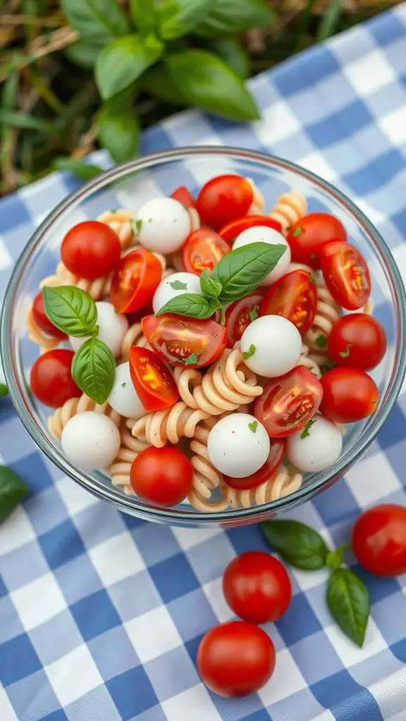 A bowl of Caprese pasta salad with cherry tomatoes, mozzarella balls, and fresh basil on a blue checkered tablecloth.