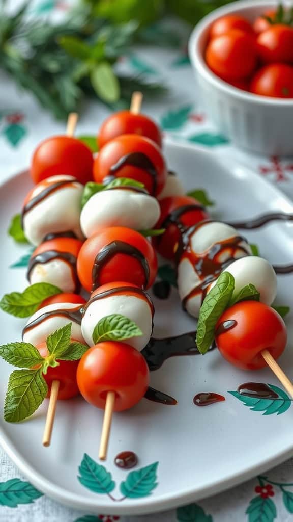 Caprese skewers featuring cherry tomatoes, mozzarella balls, and basil drizzled with balsamic glaze on a decorated plate.