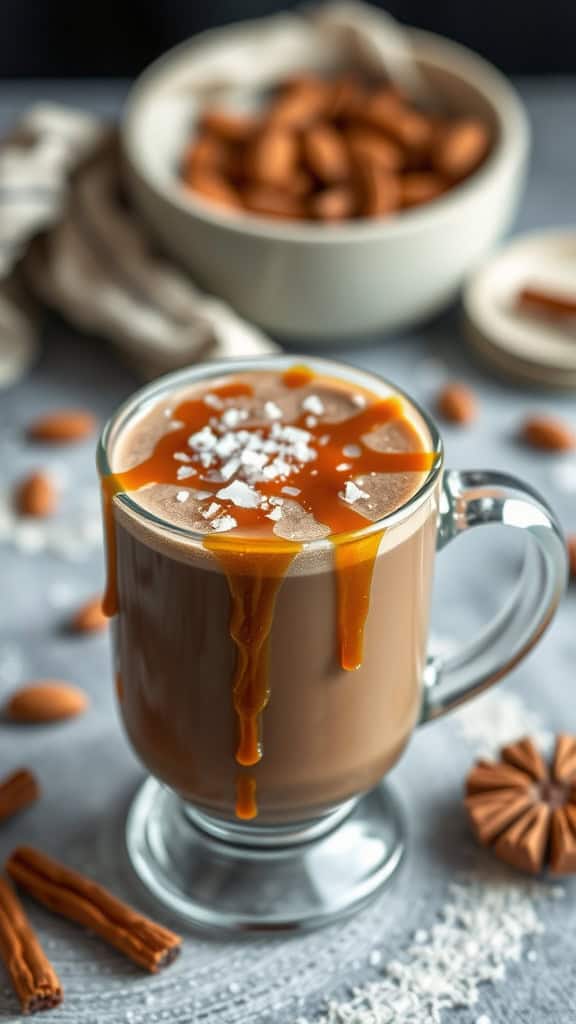 A warm cup of caramel almond hot chocolate topped with caramel drizzle and sea salt, surrounded by almonds and cinnamon sticks.