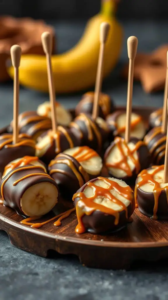 A wooden platter filled with Banana Bites dipped in dark chocolate and drizzled with caramel, with a banana in the background.