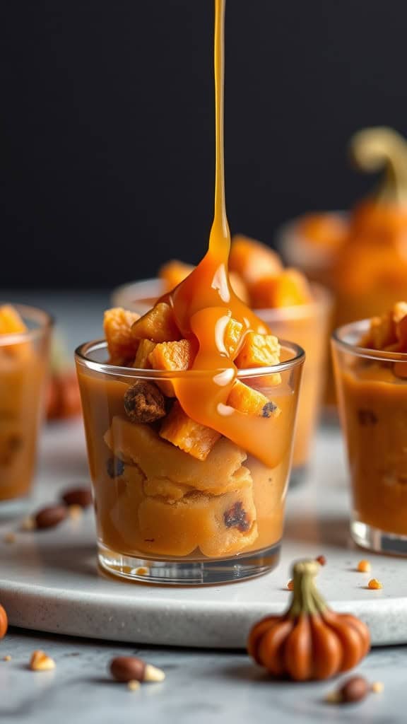 Delicious caramel pumpkin pie cups topped with pumpkin chunks and caramel drizzle