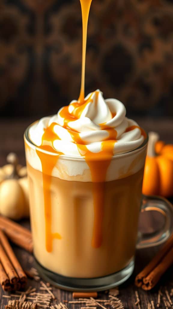 A Caramel Pumpkin Spice Latte topped with whipped cream and caramel sauce, surrounded by cinnamon sticks and small pumpkins.