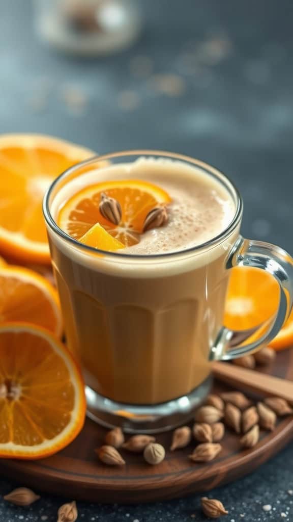 A Cardamom Citrus Chai Latte garnished with orange slices and cardamom pods, surrounded by orange halves and cardamom seeds.