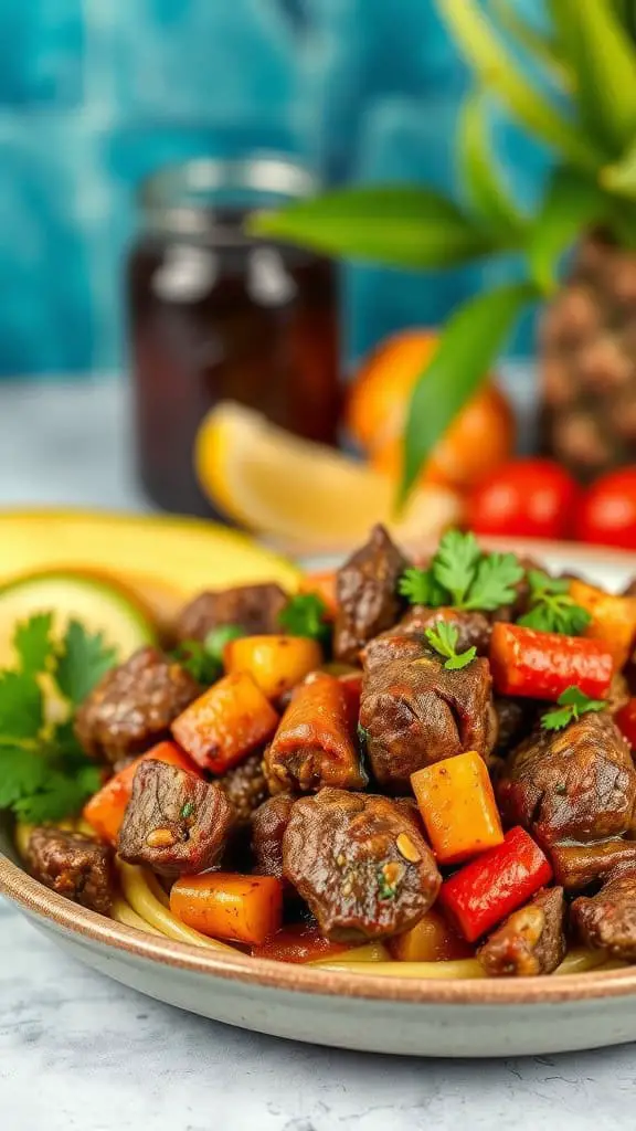 A vibrant Caribbean Jerk Beef Casserole with chunks of beef, colorful vegetables, and a tropical vibe.