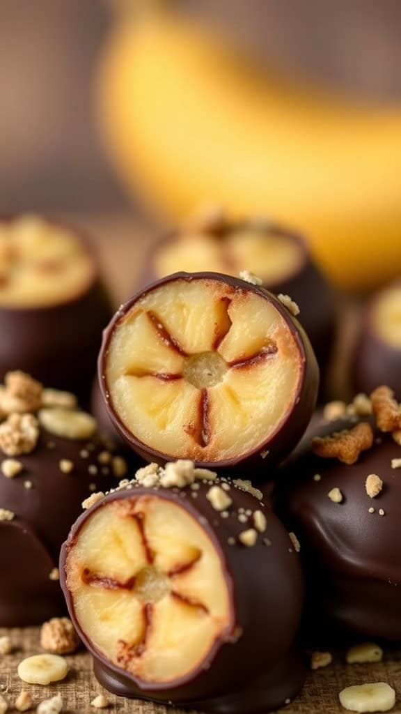 Delicious chocolate-covered banana bites with a banana in the background