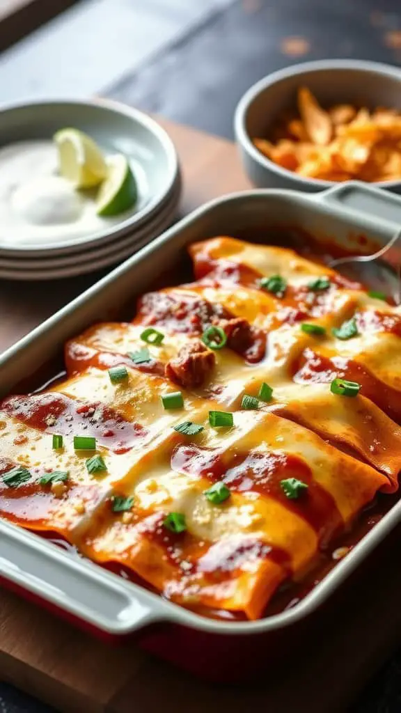 A hearty Carne Asada Beef Enchilada Casserole topped with melted cheese and green onions, served with lime and sour cream on the side.