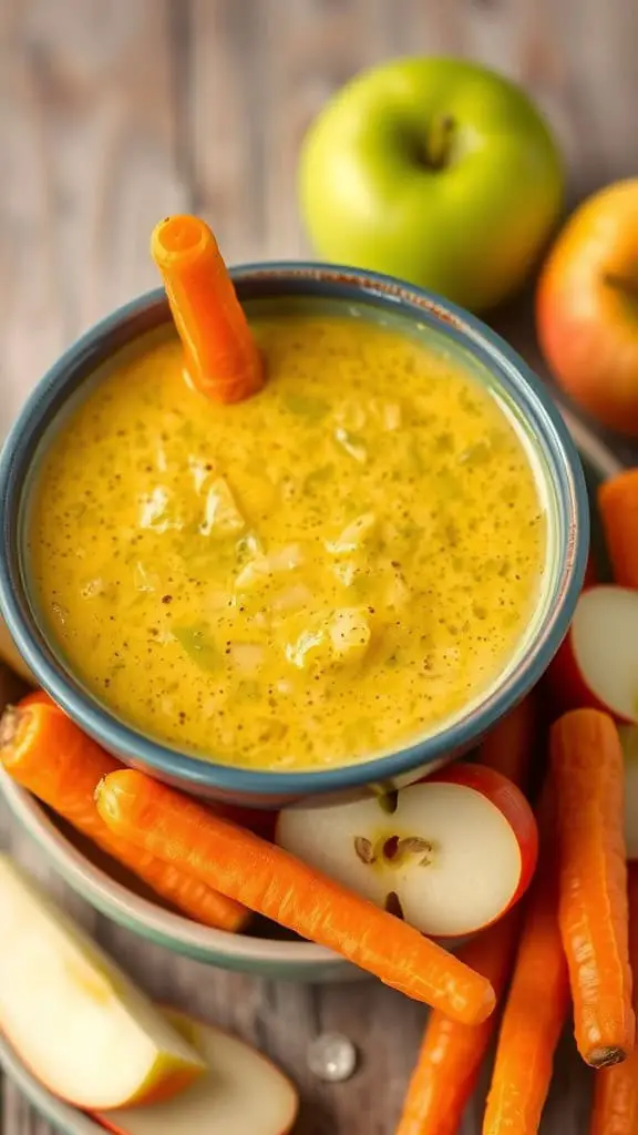 A vibrant carrot and green apple smoothie in a bowl, surrounded by fresh carrots and apples.