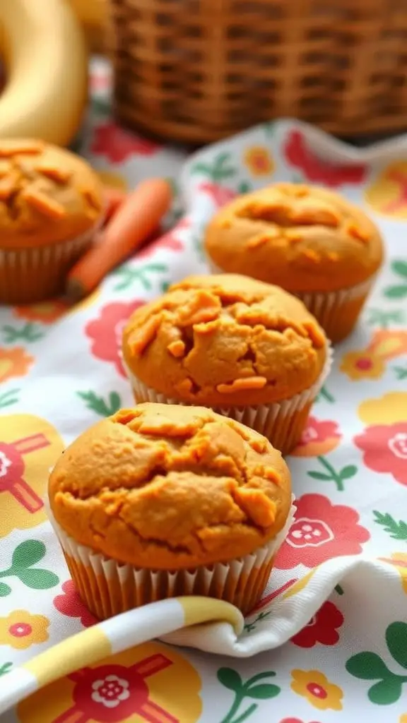 Three delicious carrot banana muffins on a floral tablecloth