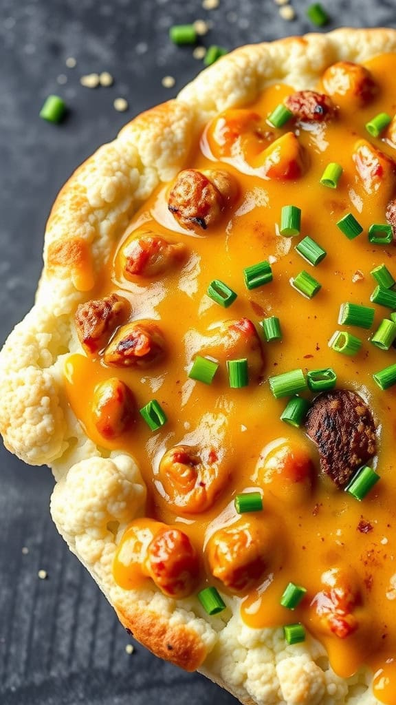 A delicious Cauliflower Crust Cheeseburger Bake with ground beef and cheese topped with green onions.