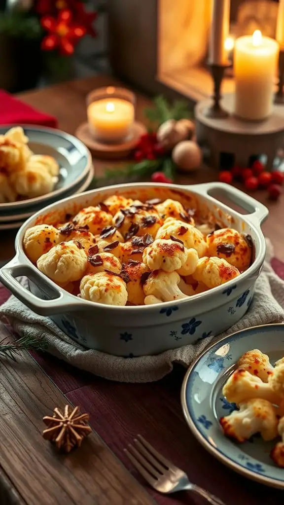 A festive dish of cauliflower gratin topped with cheese, surrounded by candles and holiday decorations.