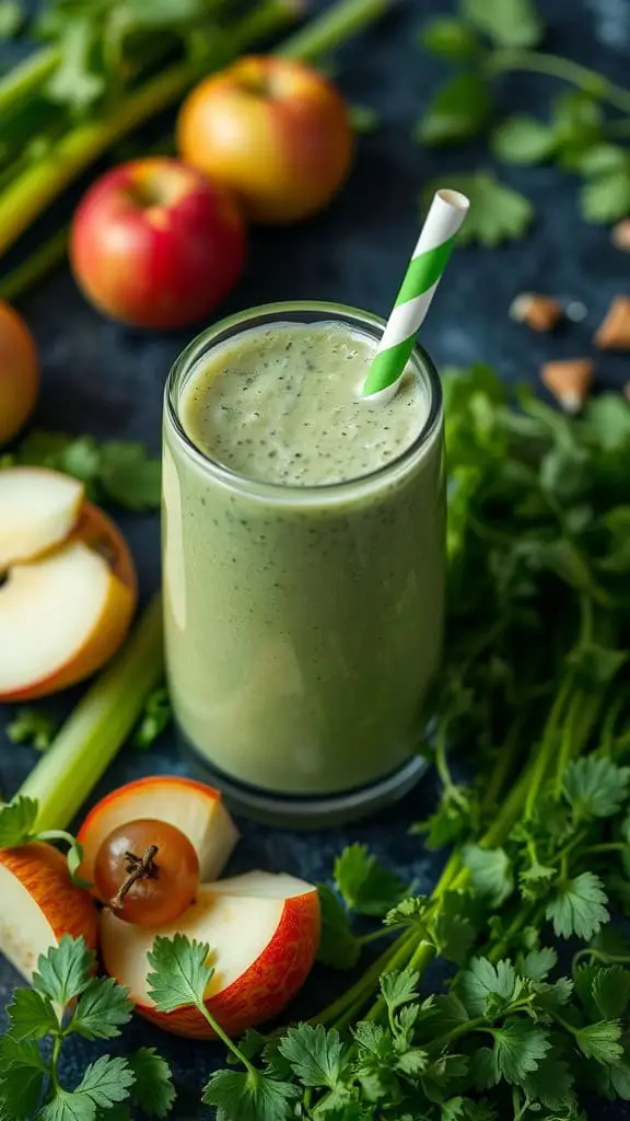 A refreshing green smoothie made with celery and green apples, surrounded by fresh ingredients.