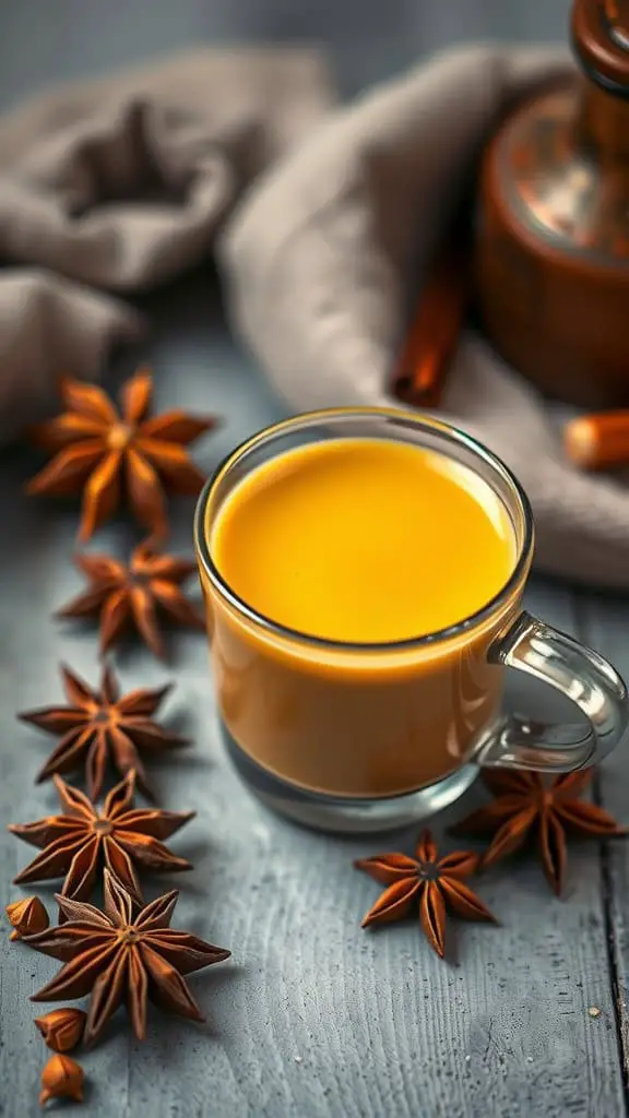 A warm cup of Chai-Spiced Golden Milk with star anise and spices around it.