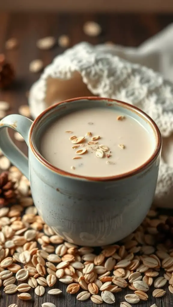 A cozy cup of chai with oat milk, surrounded by oats and a knitted scarf