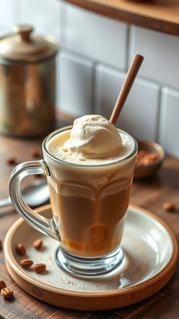 A glass of chai latte affogato with ice cream on top, sitting on a wooden table with scattered nuts.