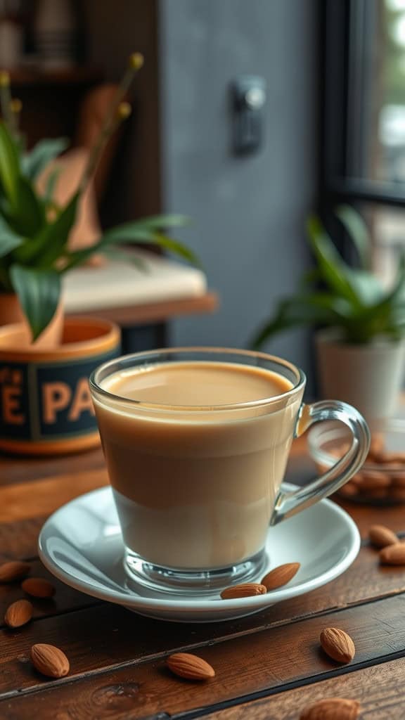 A warm chai latte with almond milk in a glass cup, surrounded by almonds on a wooden table.