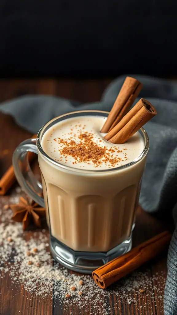 A cozy chai latte topped with nutmeg and cinnamon sticks, surrounded by spices and a soft grey cloth.