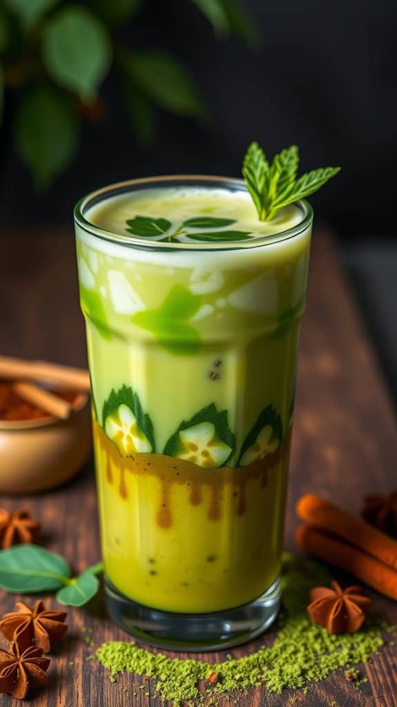 A colorful Chai Matcha Fusion drink with layers of matcha and chai, garnished with mint leaves.