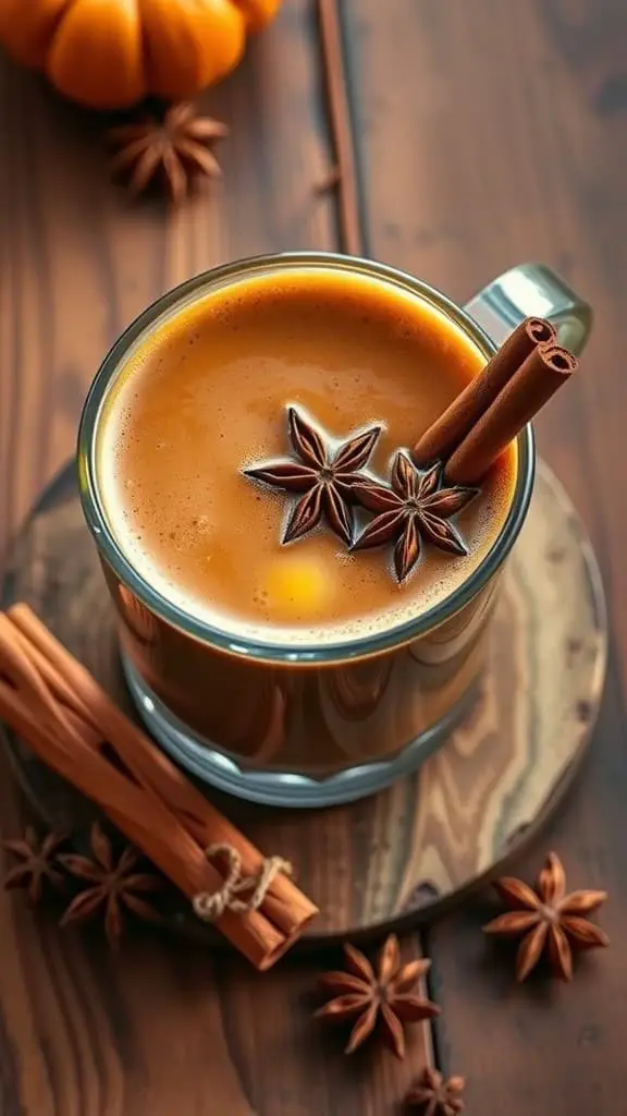 A cozy chai pumpkin spice latte topped with cinnamon sticks and star anise on a wooden table.