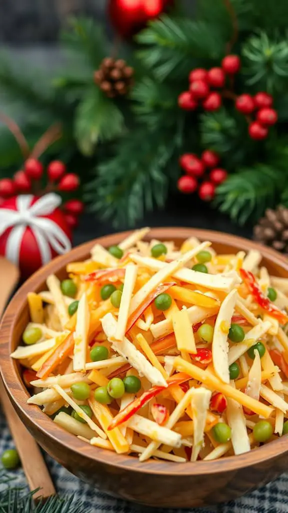 A bowl of Cheddar and Apple Slaw with green peas, set against a festive backdrop.