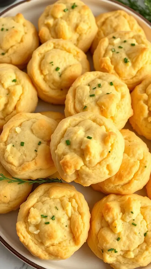 A plate of golden Cheddar and Chive Biscuit Bites topped with fresh chives.