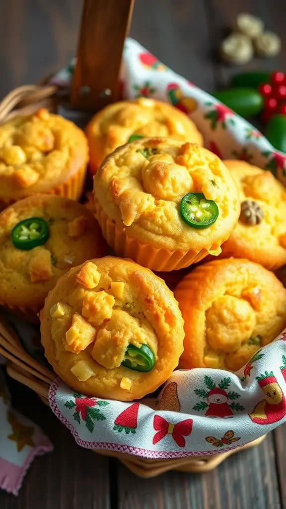 A basket filled with Cheddar Jalapeño Cornbread muffins, decorated with festive cloth and jalapeño slices on top.