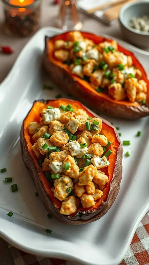 Cheese and herb stuffed sweet potatoes topped with chives.