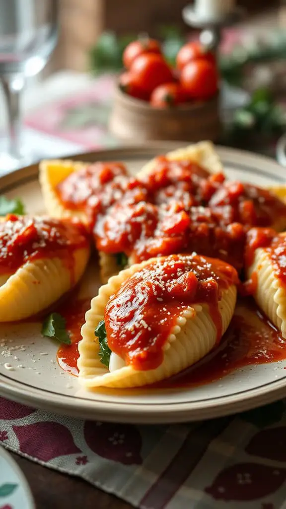 Plate of cheese and spinach stuffed pasta shells with marinara sauce