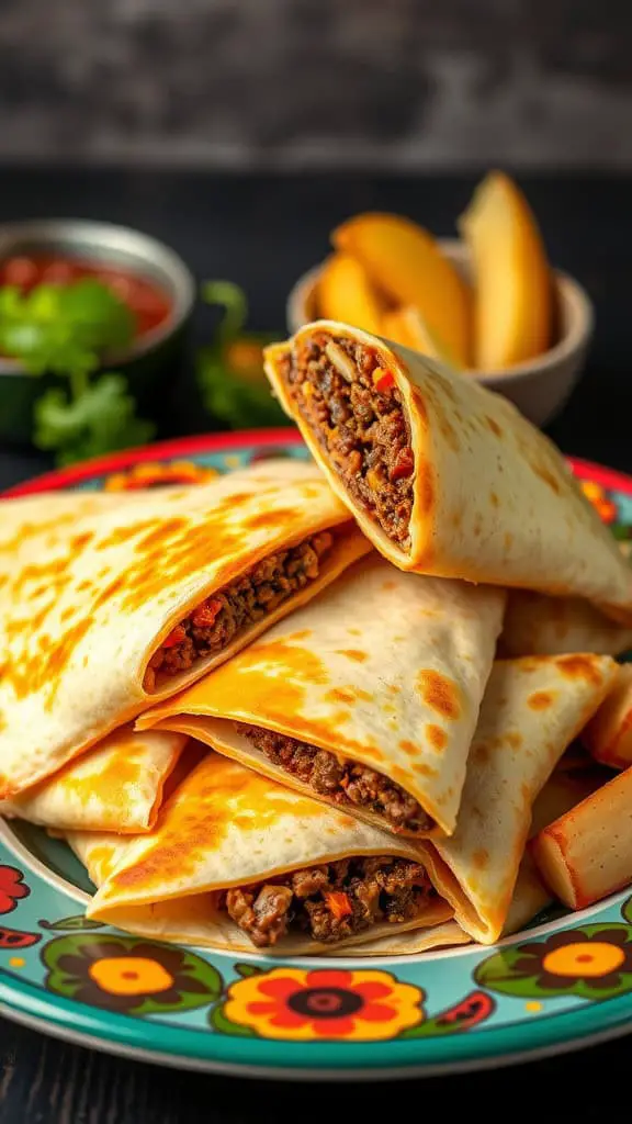 A plate of cheesy beef and potato quesadillas, with a side of salsa and potato wedges.