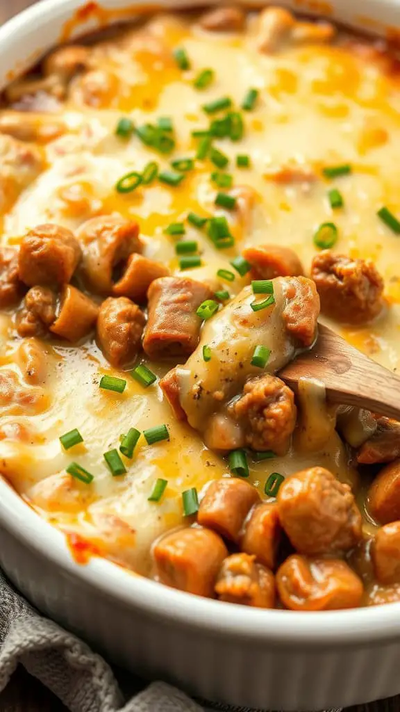 Cheesy Beef Stroganoff Bake with green onions on top