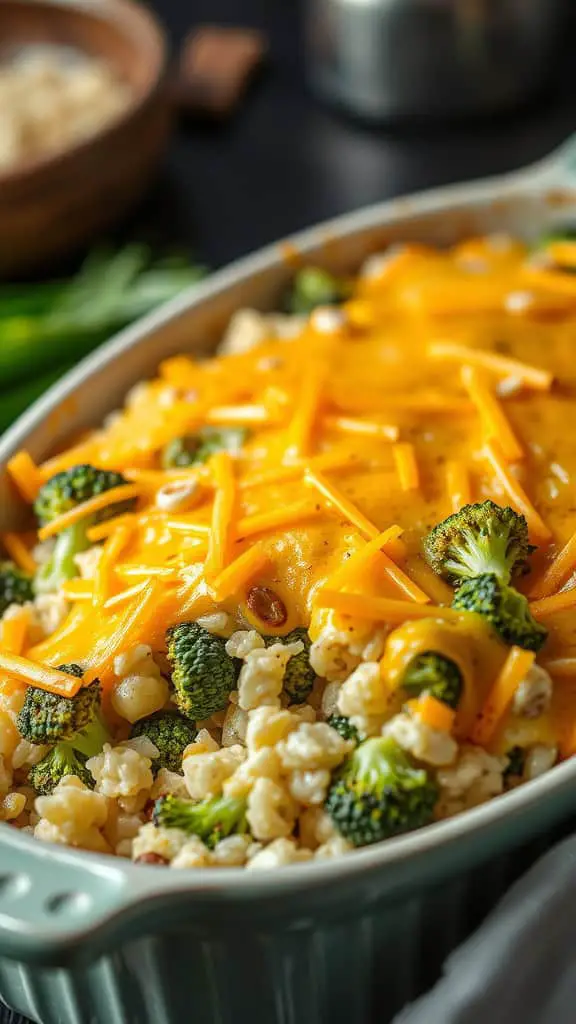 Cheesy broccoli and rice casserole topped with cheddar cheese in a baking dish.