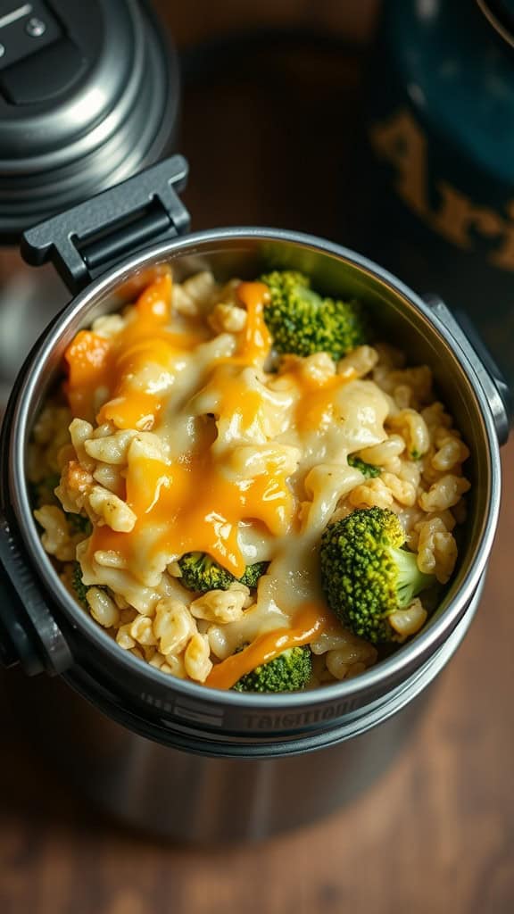 A thermos filled with cheesy broccoli and rice casserole, showcasing pasta, broccoli, and melted cheese.