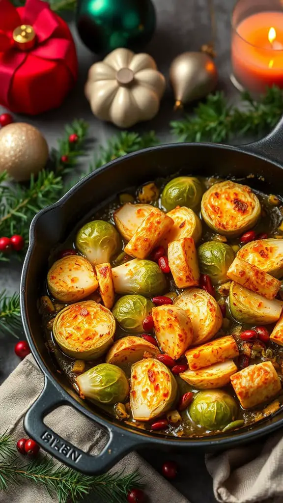 A delicious cheesy Brussels sprouts gratin in a black pan, surrounded by festive decorations.