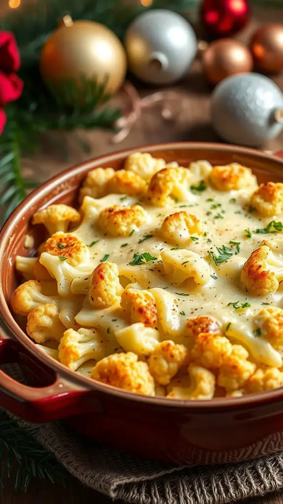 A delicious cheesy cauliflower casserole topped with golden cheese, served in a rustic dish, surrounded by festive decorations.