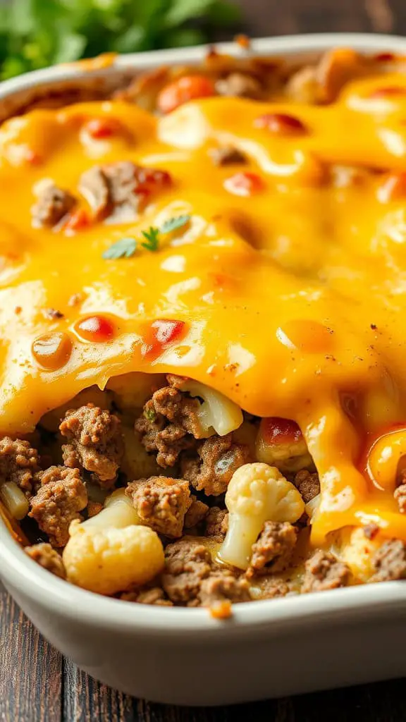 Cheesy Ground Beef and Cauliflower Casserole with melted cheese and ground beef