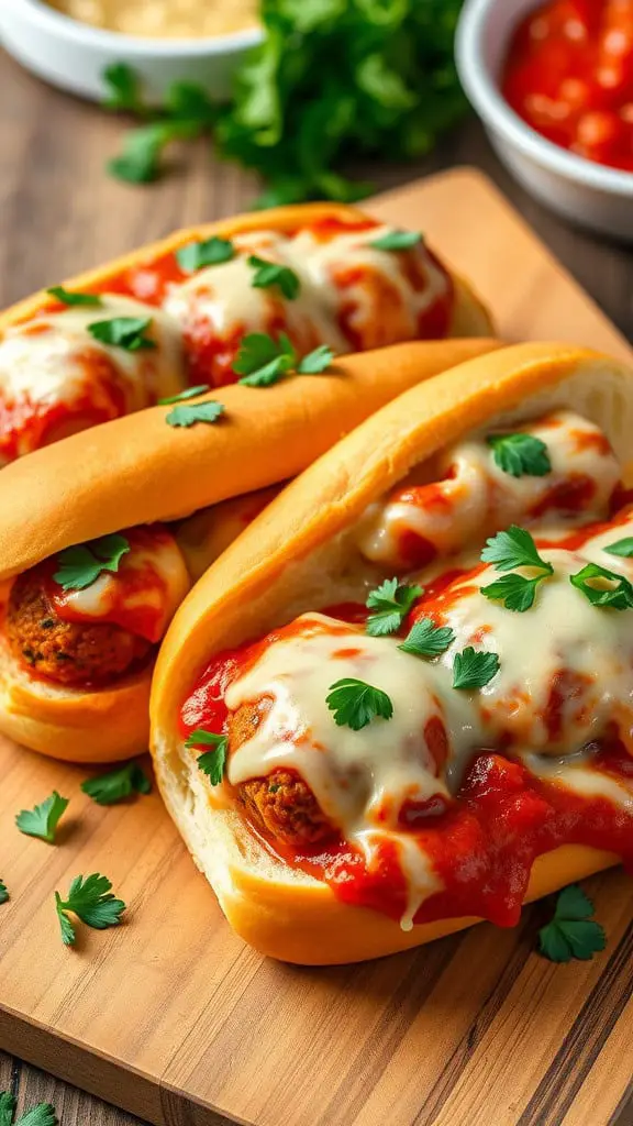 Cheesy Italian Meatball Subs topped with fresh herbs and marinara sauce on a wooden board.