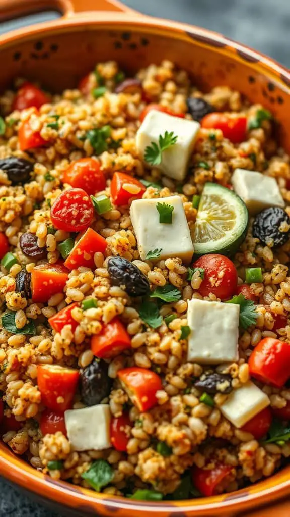 A bowl of Cheesy Quinoa and Vegetable Bake with colorful veggies and cheese.