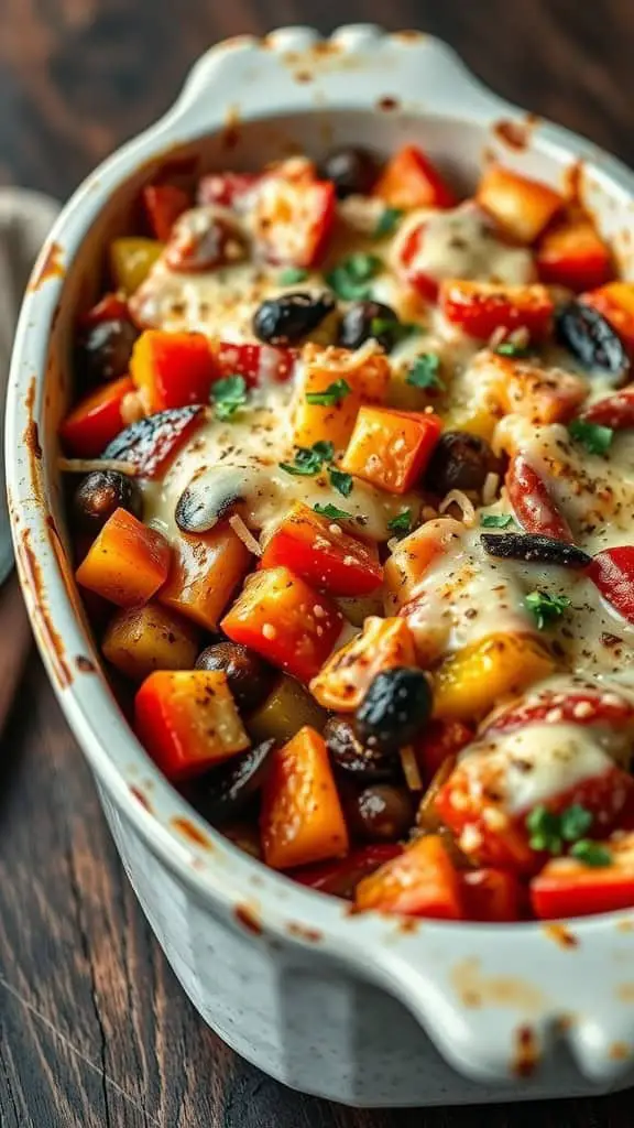 A delicious cheesy ratatouille bake with colorful bell peppers, topped with melted cheese