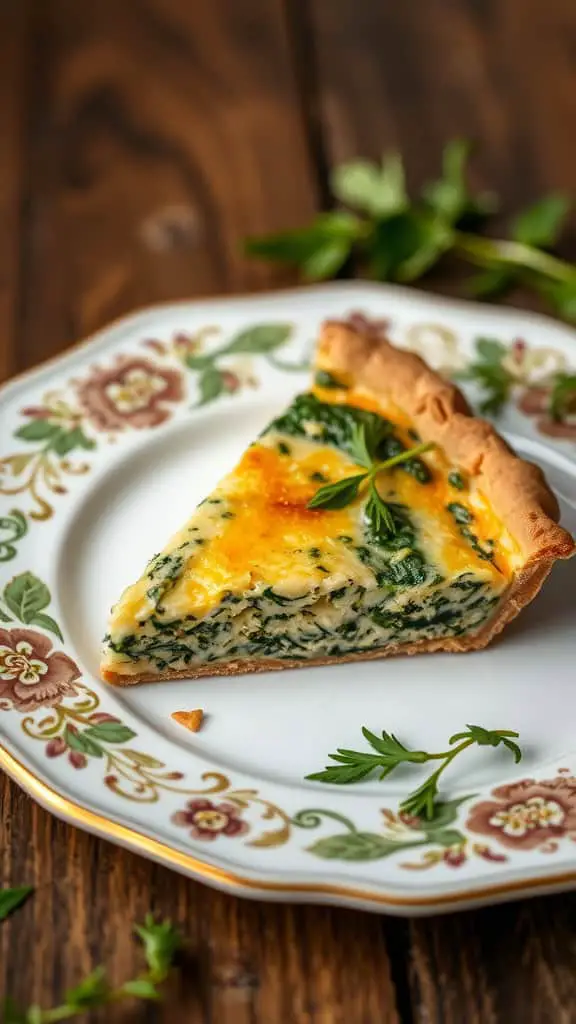 Slice of cheesy spinach quiche on a decorative plate