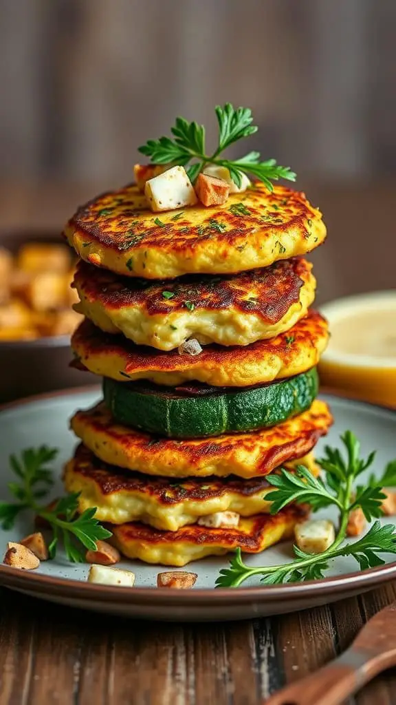 A stack of cheesy zucchini fritters garnished with parsley on a plate.