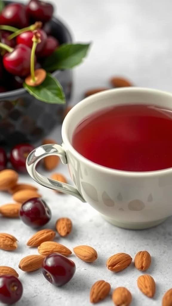 A cup of Cherry Almond Herbal Infusion surrounded by fresh cherries and almonds.