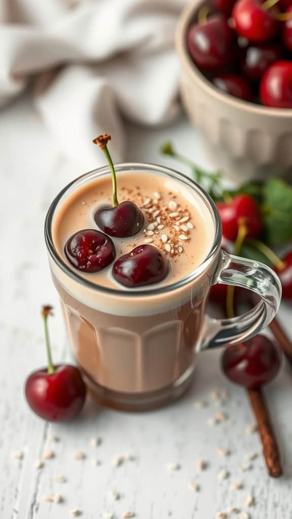 A glass of Cherry Vanilla Chai Latte with cherries on top, surrounded by fresh cherries and a cinnamon stick.