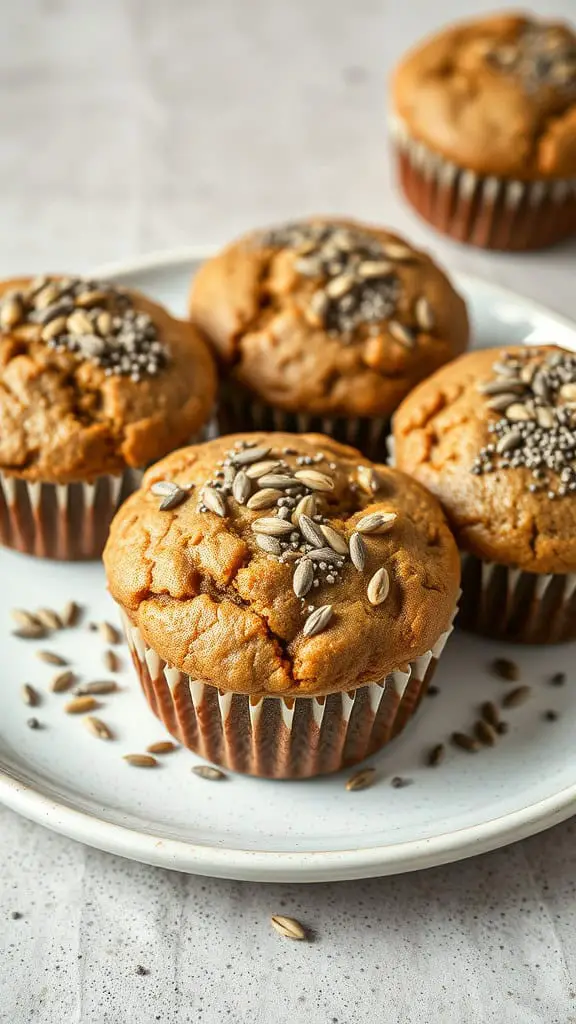 Delicious chia seed banana muffins topped with seeds on a plate.