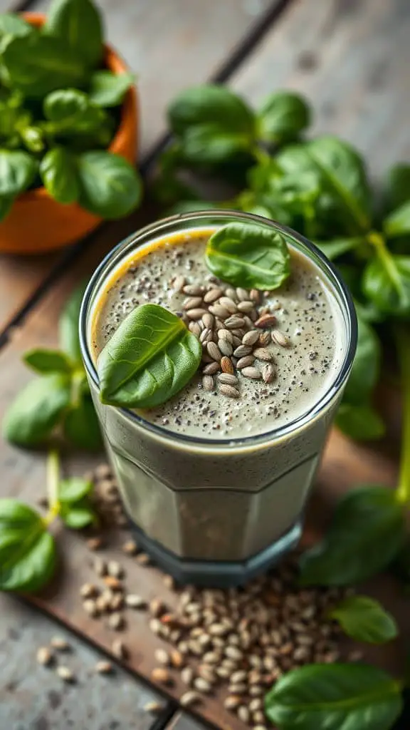 A green smoothie topped with seeds and basil leaves, surrounded by fresh basil plants.