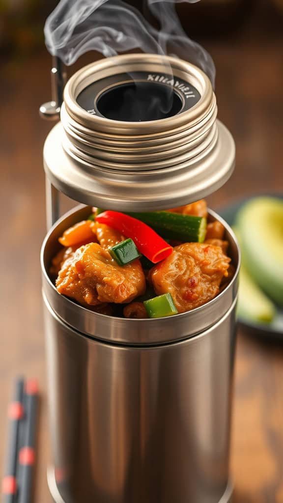 A thermos filled with chicken and vegetable stir-fry, emanating steam.