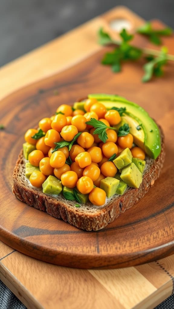 Chickpea and avocado toast on whole grain bread topped with fresh herbs.