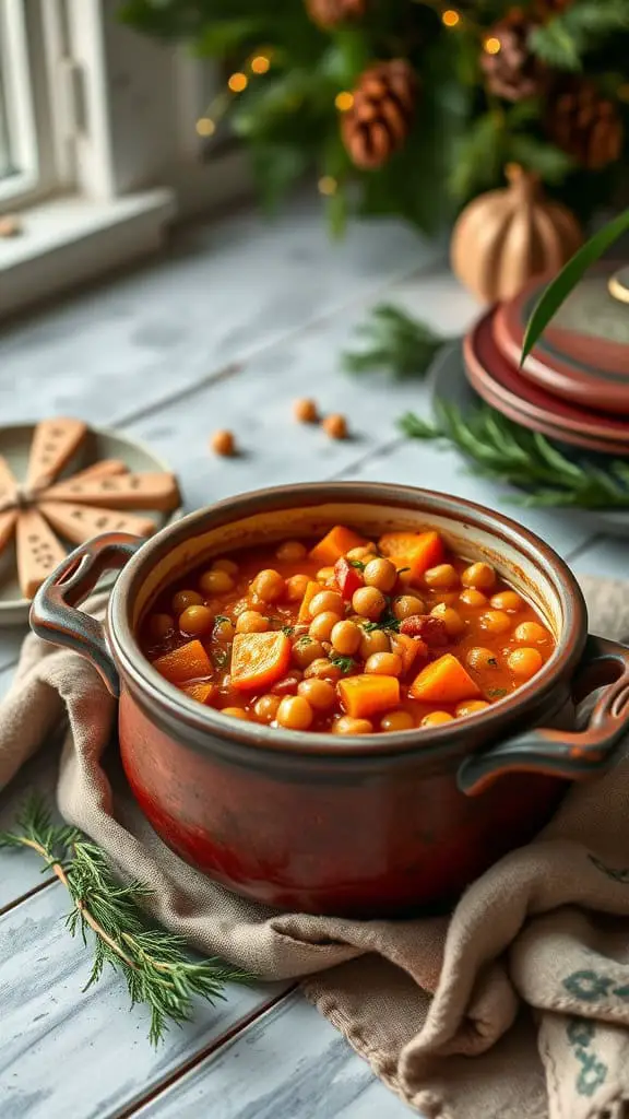 A rich and colorful chickpea and sweet potato stew in a rustic pot, surrounded by holiday decorations.