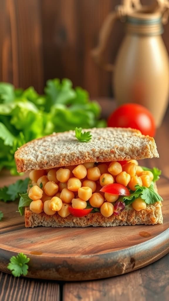 Chickpea salad sandwich with chickpeas, tomatoes, and greens on whole grain bread