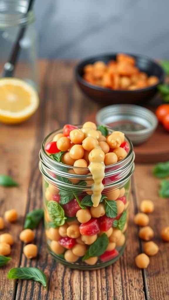 A jar filled with chickpea salad containing chickpeas, cherry tomatoes, and spinach, drizzled with lemon tahini dressing.